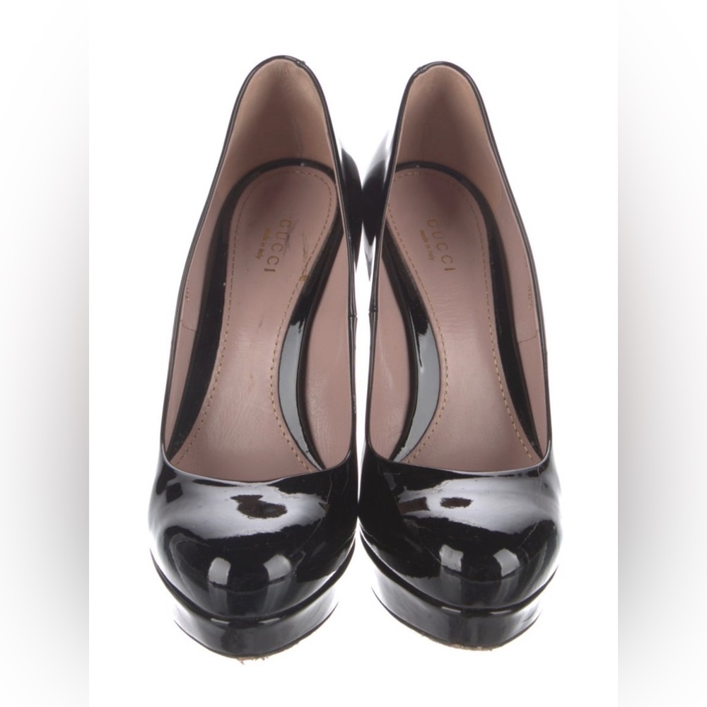 GUCCI SHOES LISBETH PLATFORM HIGH HEEL PUMPS BLACK PATENT LEATHER $695, IT 38.5